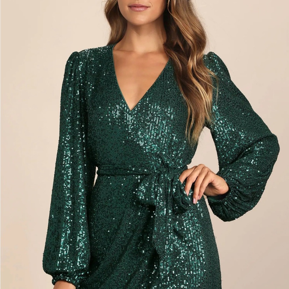 H&M green sequin wrap dress